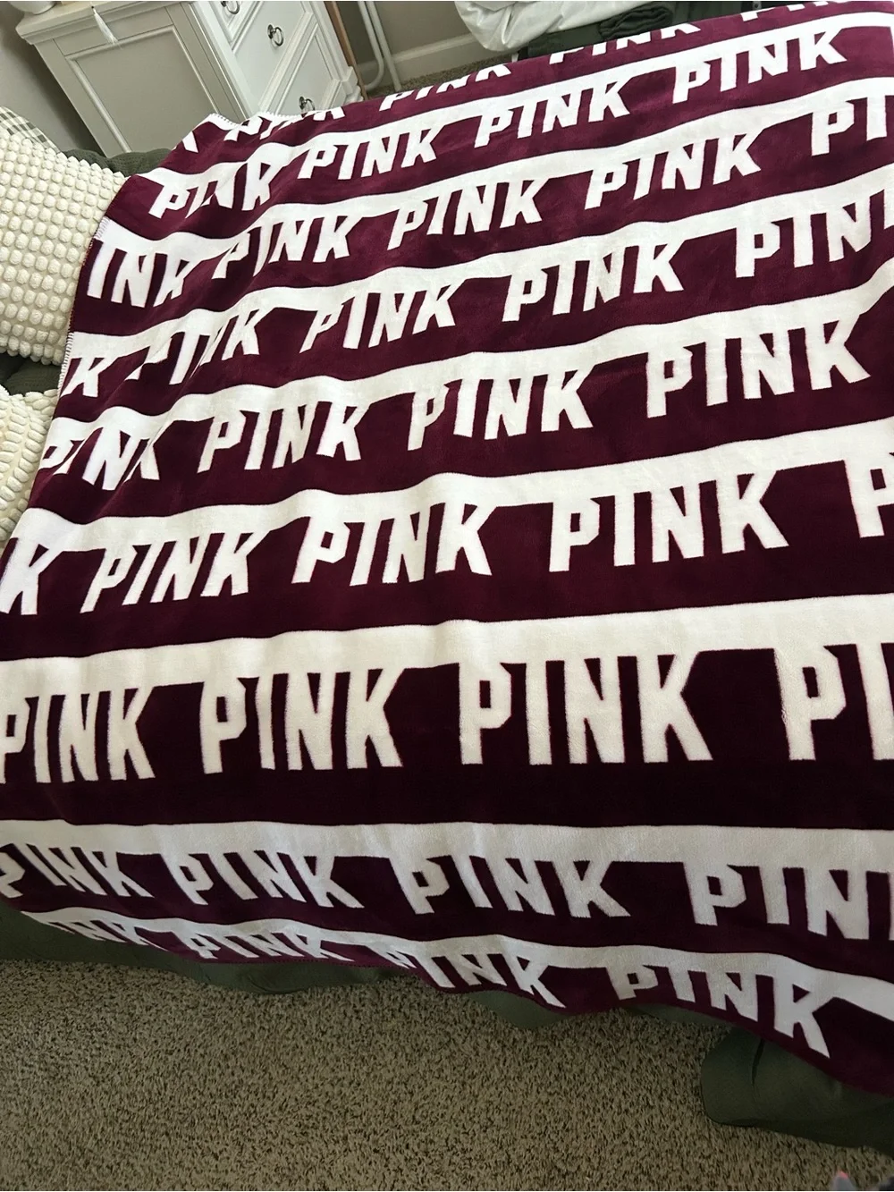 PINK Victoria's Secret Plush Logo Throw Blanket - White and Deep Berry